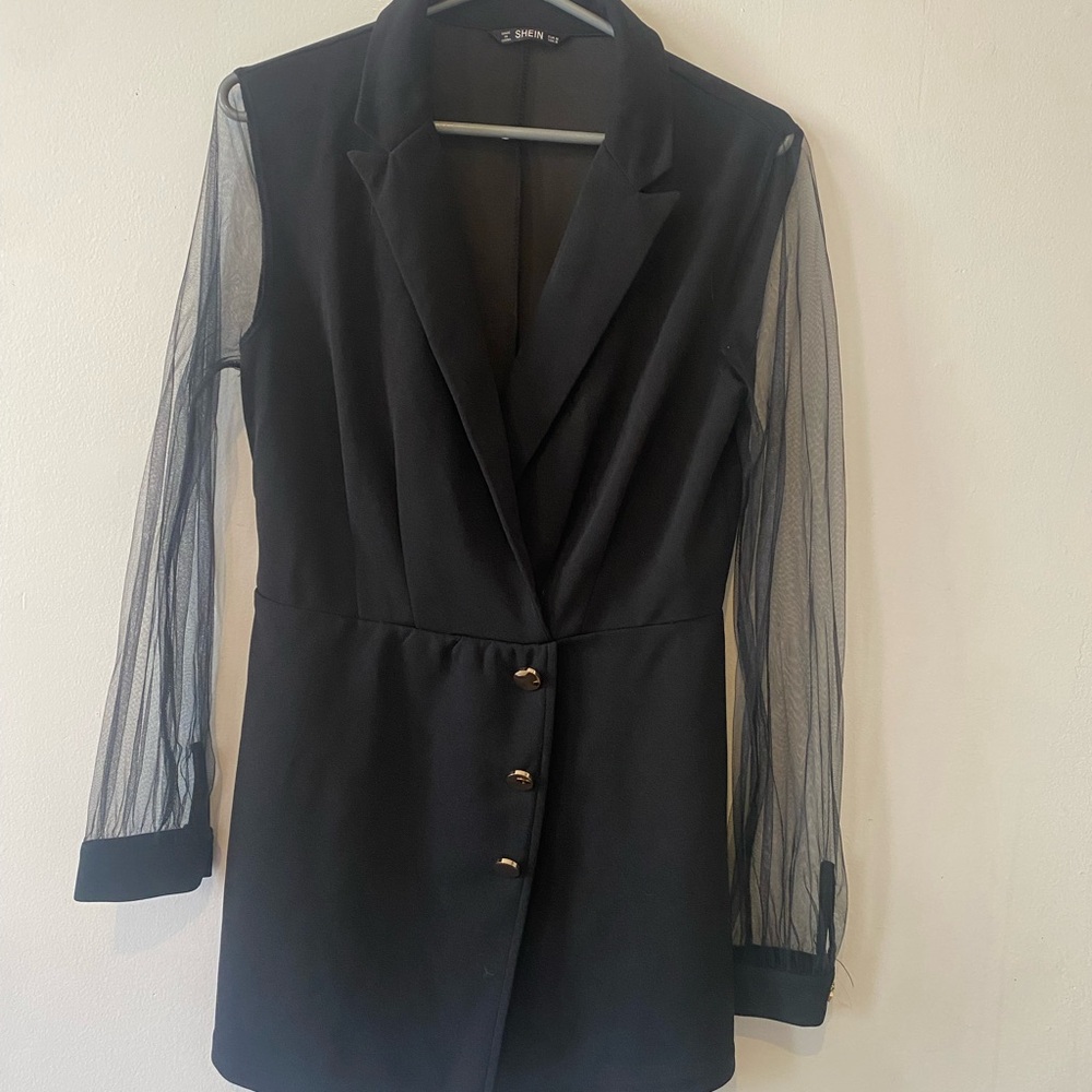 SHEIN Black Blazer Dress with Sheer Mesh Sleeves